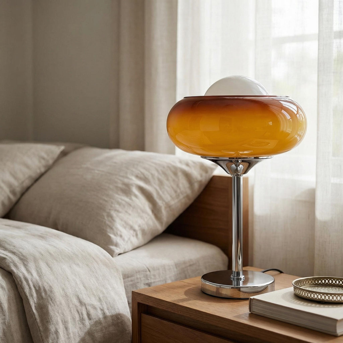Vintage Orange Glass Desk Lamp with Chrome Base – Mid-Century Modern Lighting