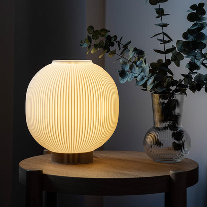 Globe Bedside Lamp with Ribbed Shade, Japandi Ambient Table Light