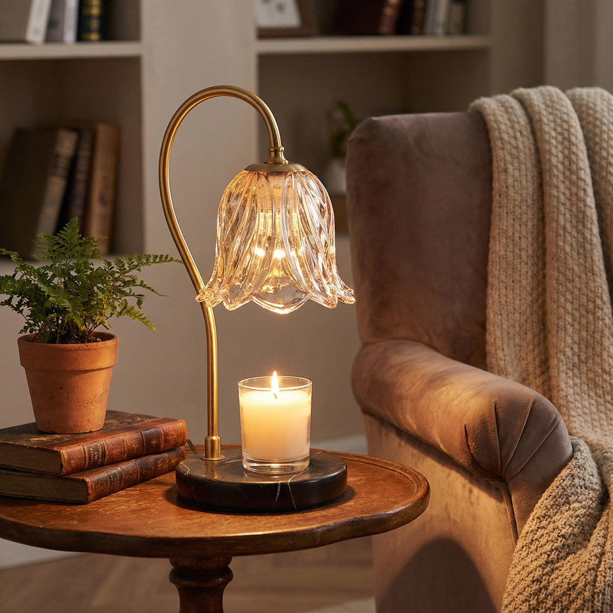 Vintage Candle Warmer Lamp with Lily Glass Shade & Marble Base