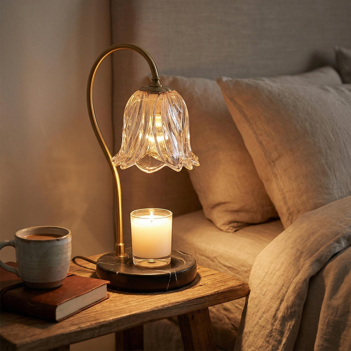 Vintage Candle Warmer Lamp with Lily Glass Shade & Marble Base