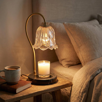 Vintage Candle Warmer Lamp with Lily Glass Shade & Marble Base