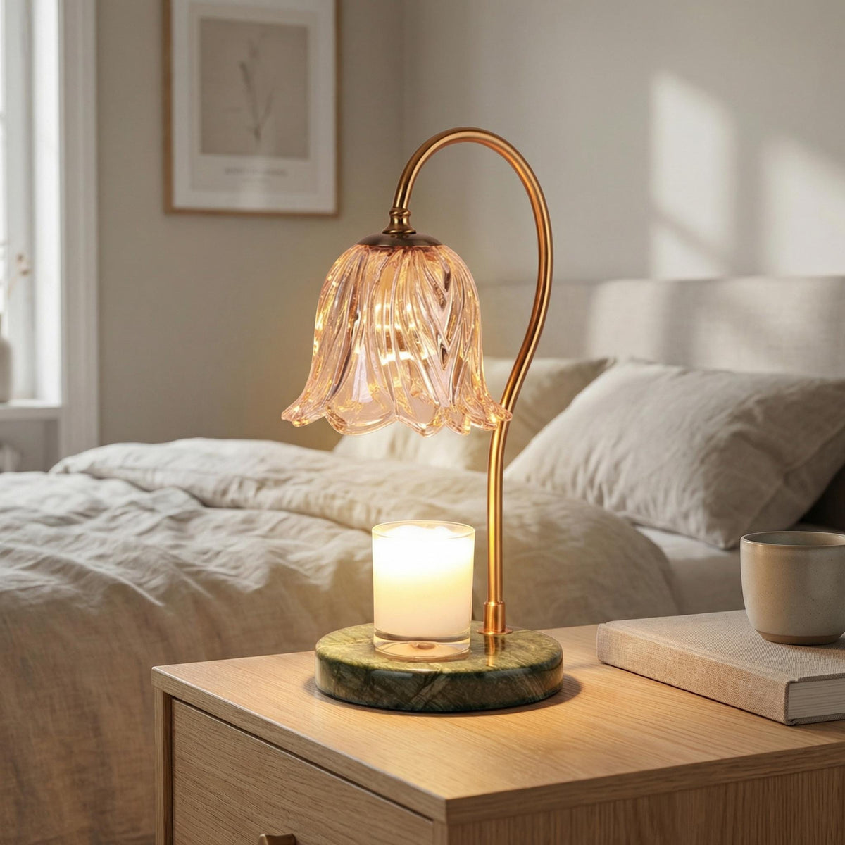 Vintage Candle Warmer Lamp with Lily Glass Shade & Marble Base