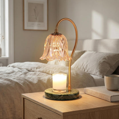 Vintage Candle Warmer Lamp with Lily Glass Shade & Marble Base