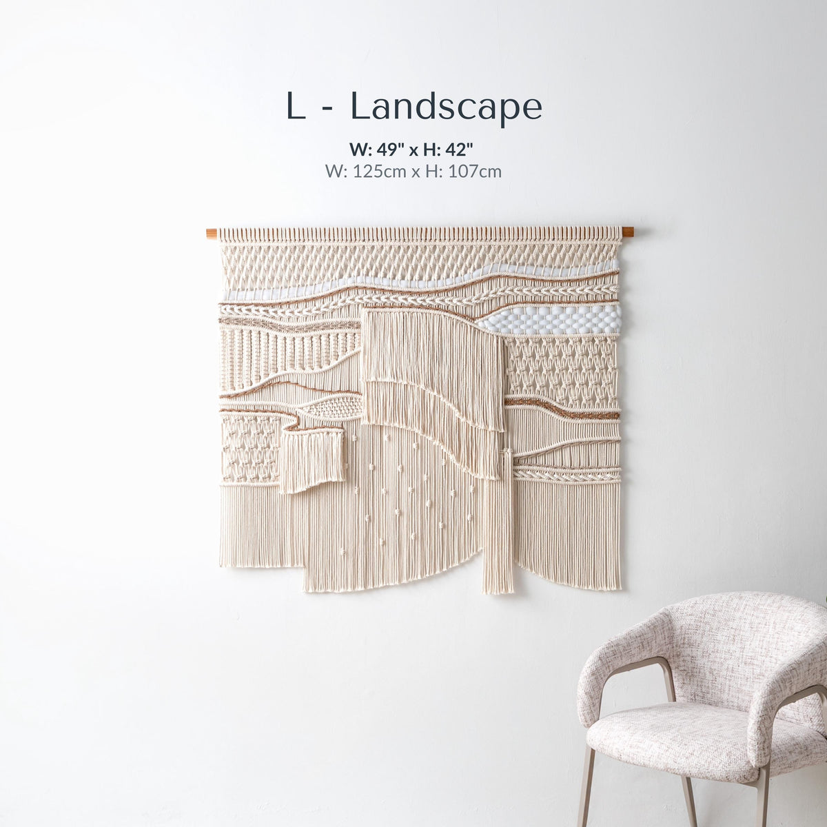 Extra Large Neutral Macrame Wall Art – Handmade Woven Tapestry with Teak Wood Bar, Textured Bohemian Wall Decor for Bedroom or Living Room