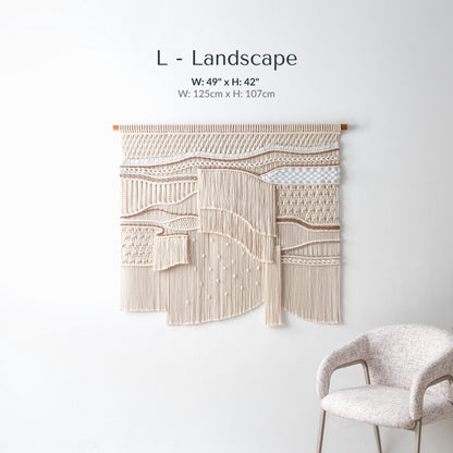 Extra Large Neutral Macrame Wall Art – Handmade Woven Tapestry with Teak Wood Bar, Textured Bohemian Wall Decor for Bedroom or Living Room