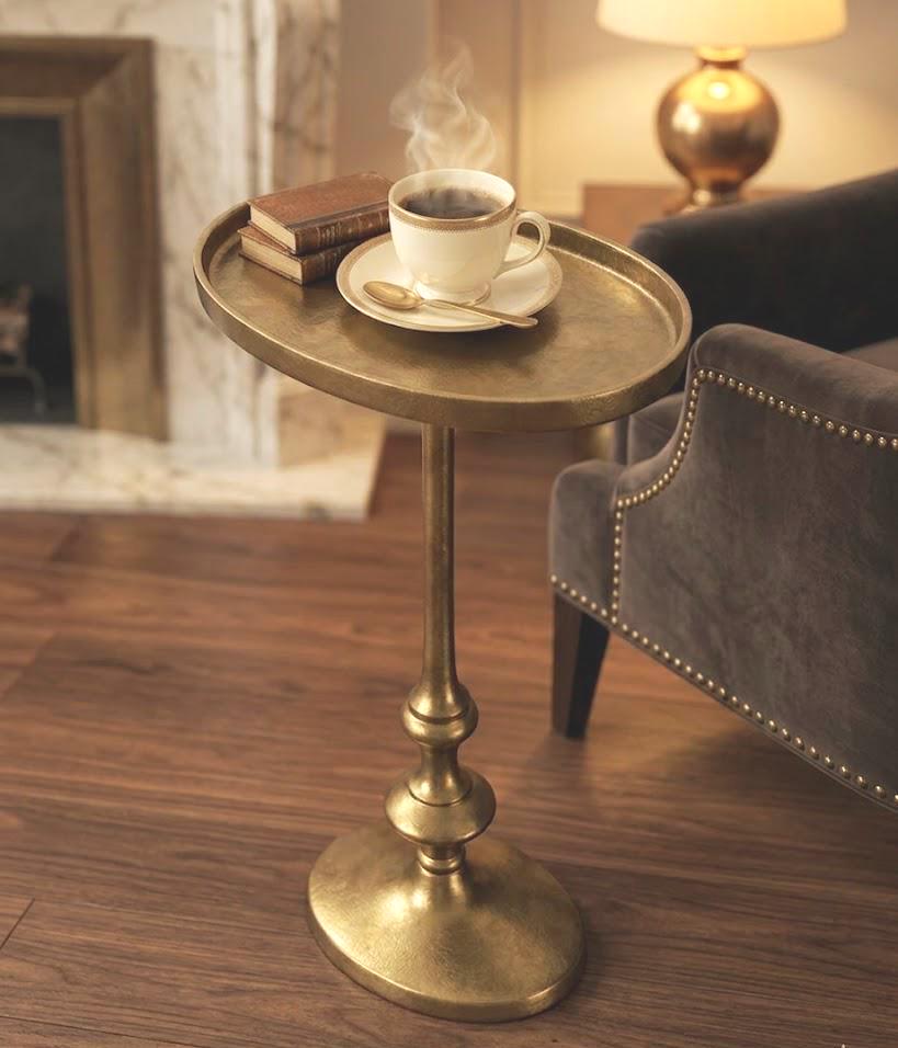 Antique Brass Oval Side Table with Pedestal Base