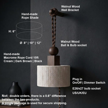 Plug in Wall Sconce Lamp :Woven Rope  Shade , Bedside Light
