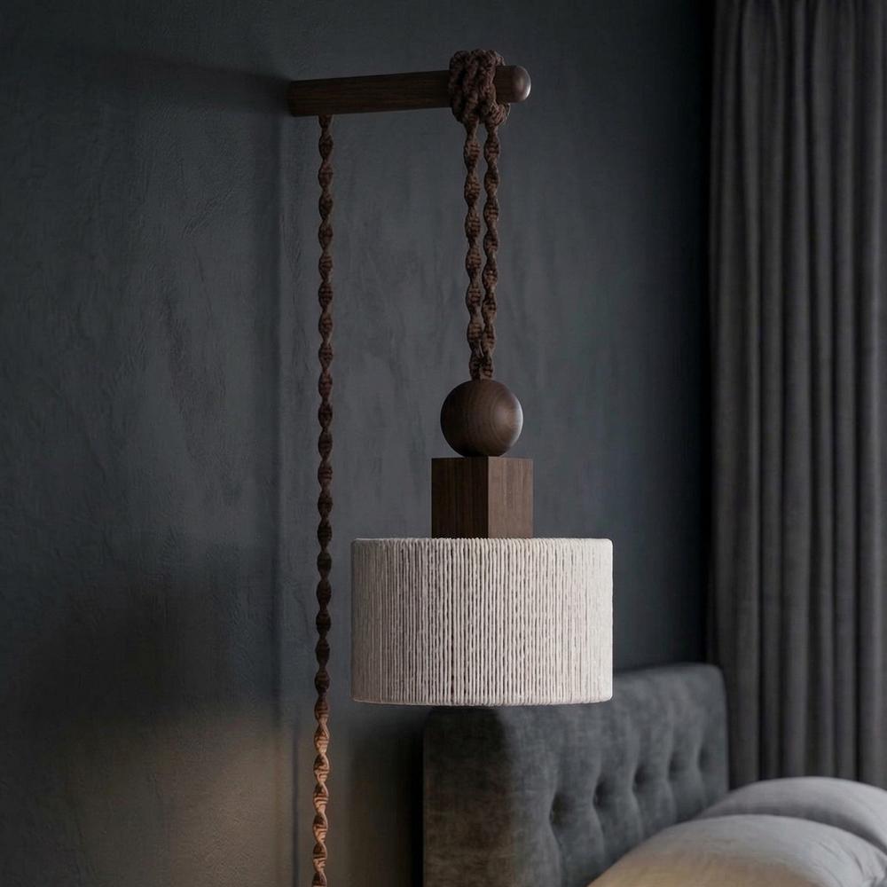 Plug in Wall Sconce Lamp :Woven Rope  Shade , Bedside Light