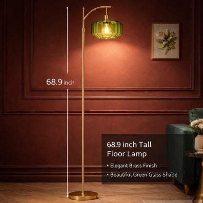 Dimmable Mid Century Modern Standing Lamp - Gold base with Green Glass Shade - customizable
