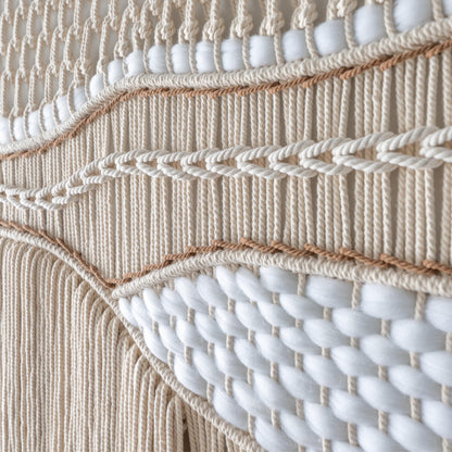 Extra Large Neutral Macrame Wall Art – Handmade Woven Tapestry with Teak Wood Bar, Textured Bohemian Wall Decor for Bedroom or Living Room