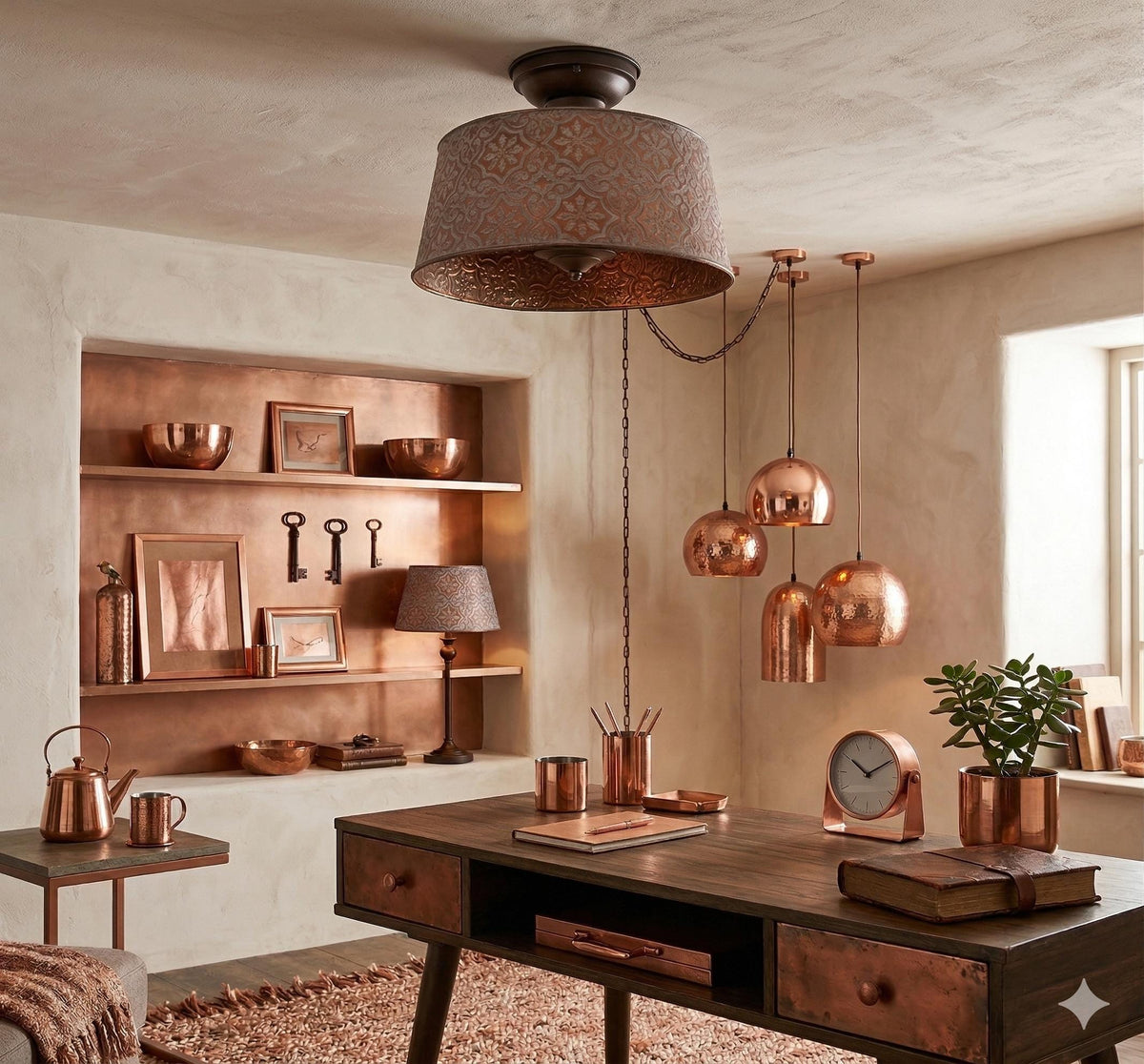 Ornate Copper Flush Mount Ceiling Light with Decorative Pattern
