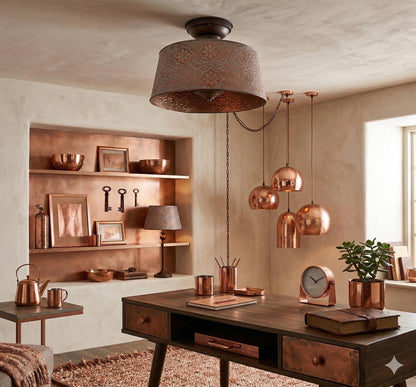 Ornate Copper Flush Mount Ceiling Light with Decorative Pattern