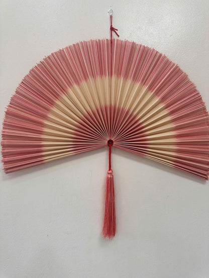 Handwoven Bamboo Wall Fan with Pink Tassel Decor