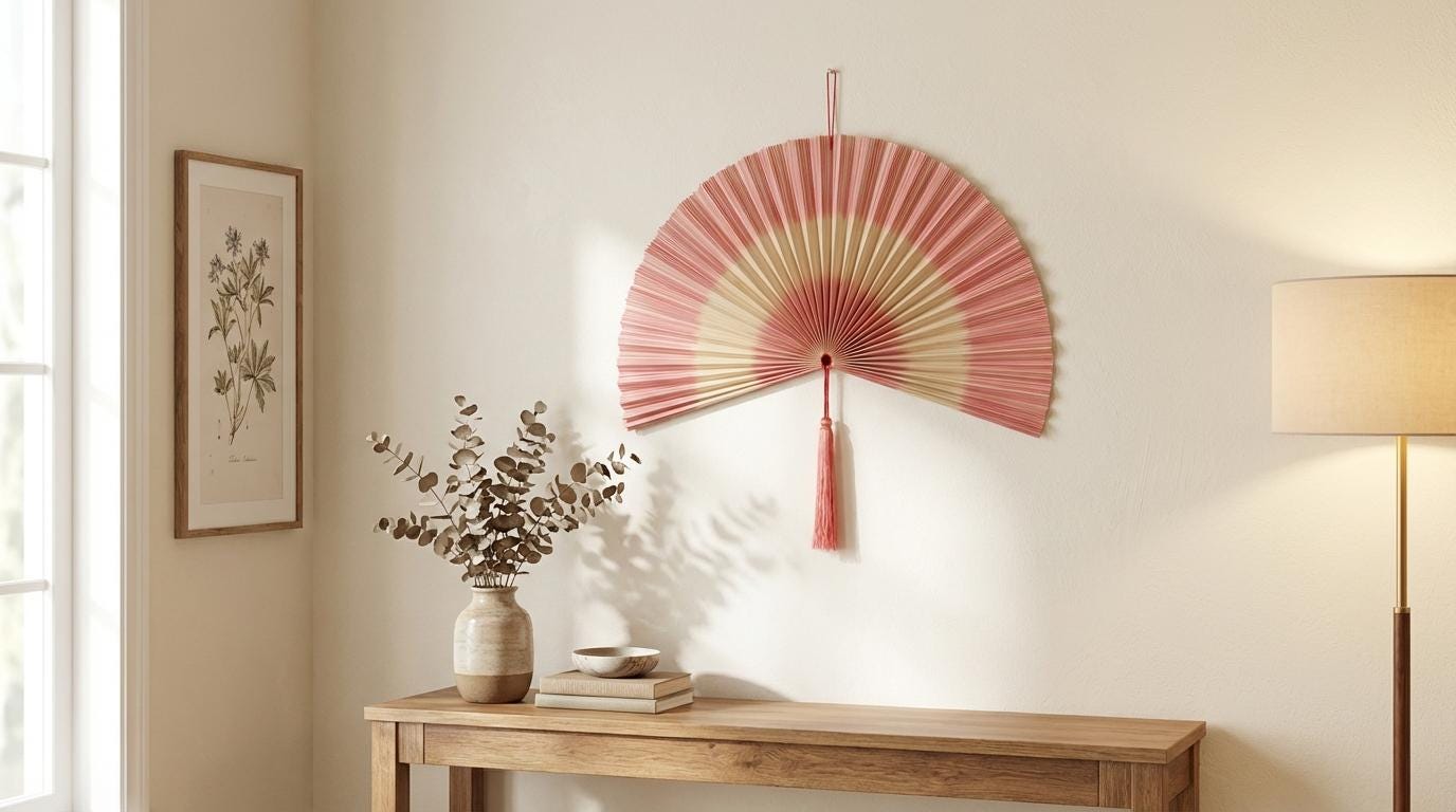 Handwoven Bamboo Wall Fan with Pink Tassel Decor
