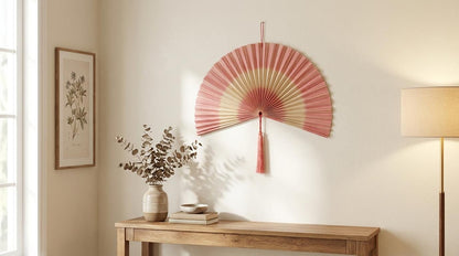 Handwoven Bamboo Wall Fan with Pink Tassel Decor