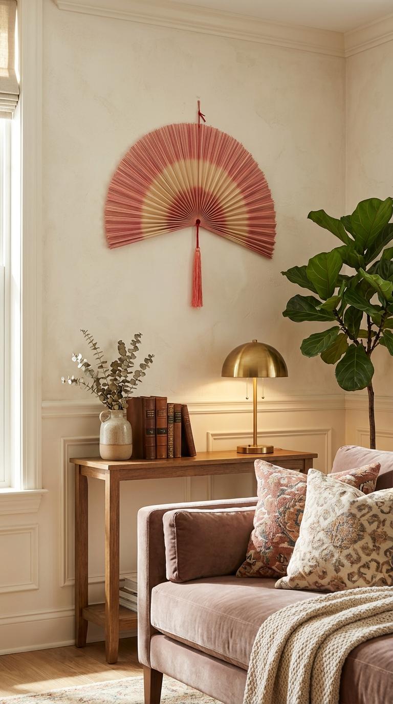 Handwoven Bamboo Wall Fan with Pink Tassel Decor