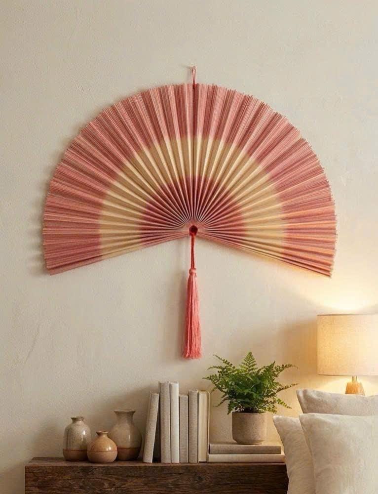 Handmade Bamboo Wall Fan Decor, Boho Woven Hanging, Natural Pink Tassel