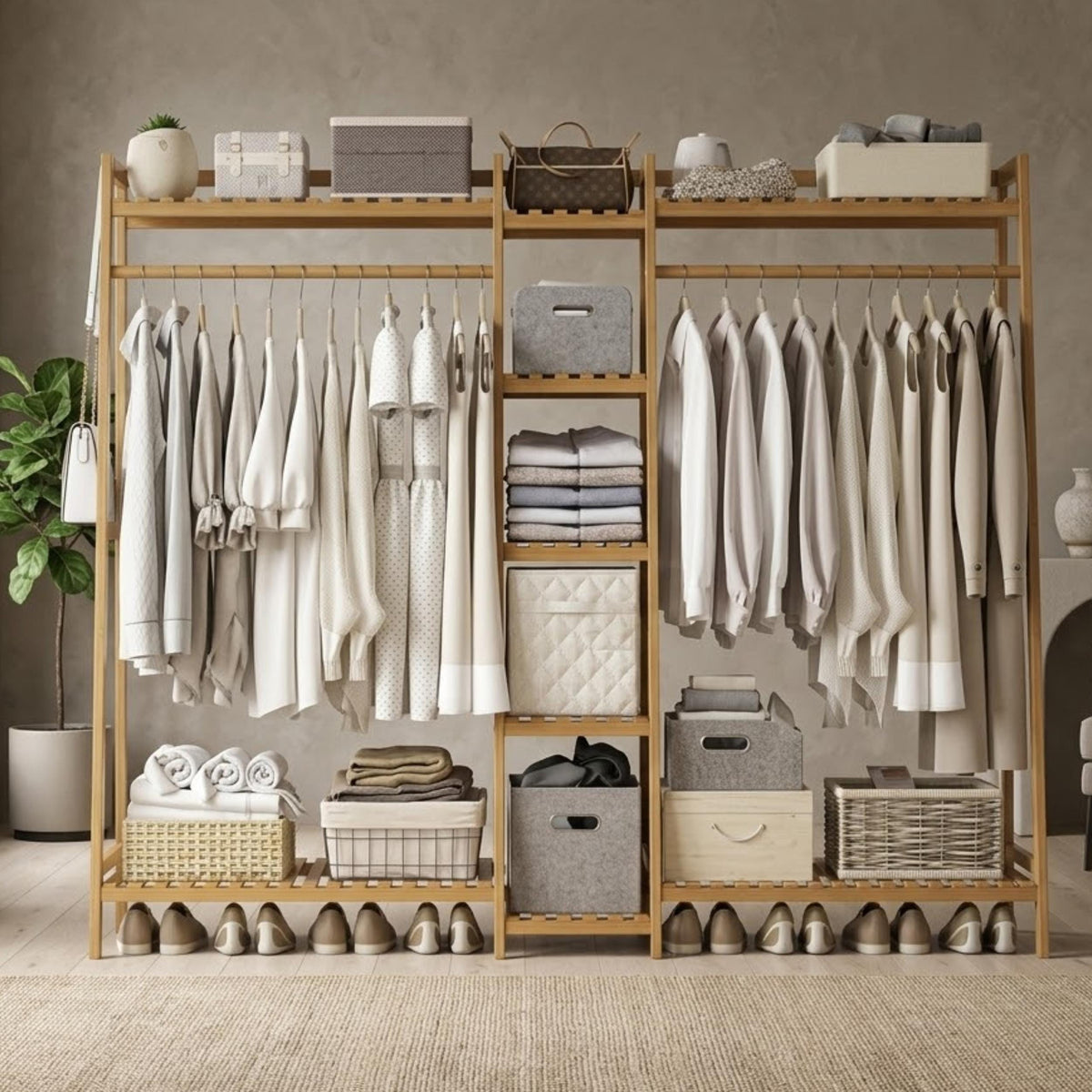 Bamboo Garment Rack with 9-Tier Shelves, Clothes Storage, Shoe Organizer