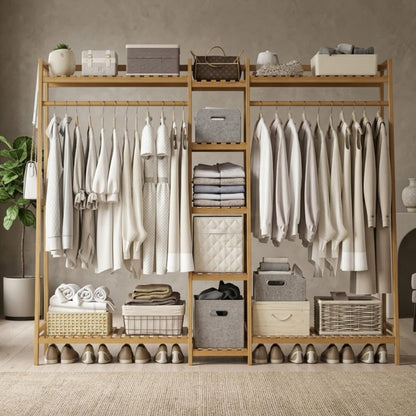 Bamboo Garment Rack with 9-Tier Shelves, Clothes Storage, Shoe Organizer
