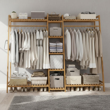 Bamboo Garment Rack with 9-Tier Shelves, Clothes Storage, Shoe Organizer