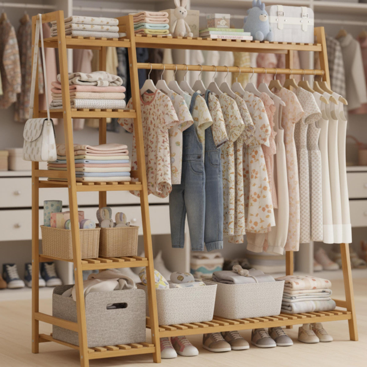 Bamboo Garment Rack with 9-Tier Shelves, Clothes Storage, Shoe Organizer