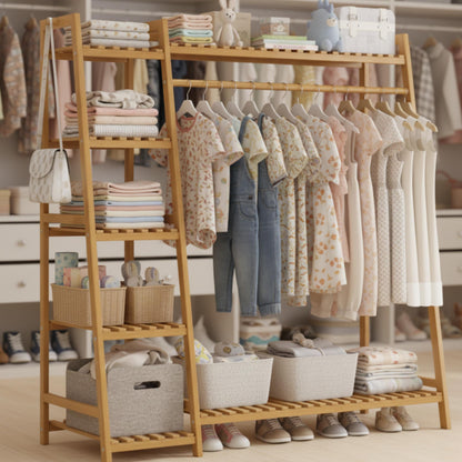 Bamboo Garment Rack with 9-Tier Shelves, Clothes Storage, Shoe Organizer