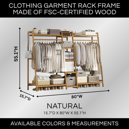 Bamboo Garment Rack with 9-Tier Shelves, Clothes Storage, Shoe Organizer
