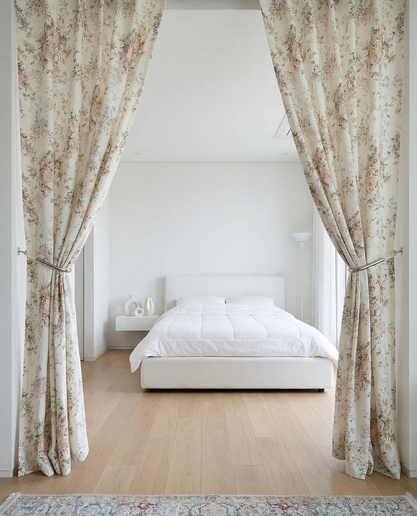 Vintage Floral Linen Cotton Curtains, French Country Rose Drapes Set of 2