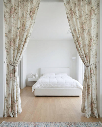 Vintage Floral Linen Cotton Curtains, French Country Rose Drapes Set of 2
