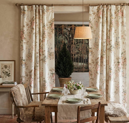 Vintage Floral Linen Cotton Curtains, French Country Rose Drapes Set of 2