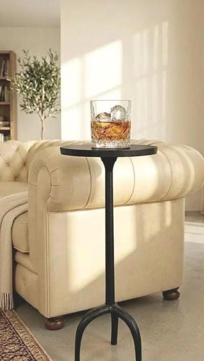 Antique Black Metal Side Table with Tripod Pedestal Base