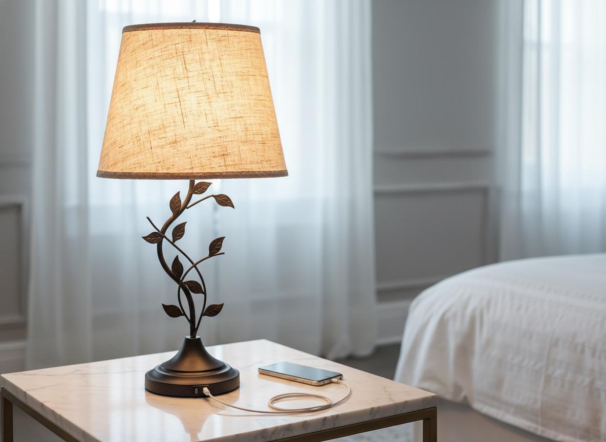 Vintage Leaf Branch Table Lamp with Beige Linen Shade & USB Ports