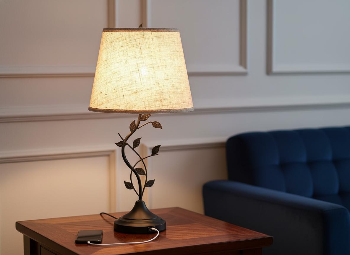 Vintage Leaf Branch Table Lamp with Beige Linen Shade & USB Ports