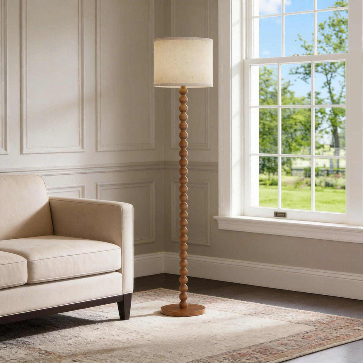 Solid Wood Beaded Floor Lamp with Linen Shade, Rustic Farmhouse Reading Light, Boho Standing Lamp for Living Room Bedroom Decor