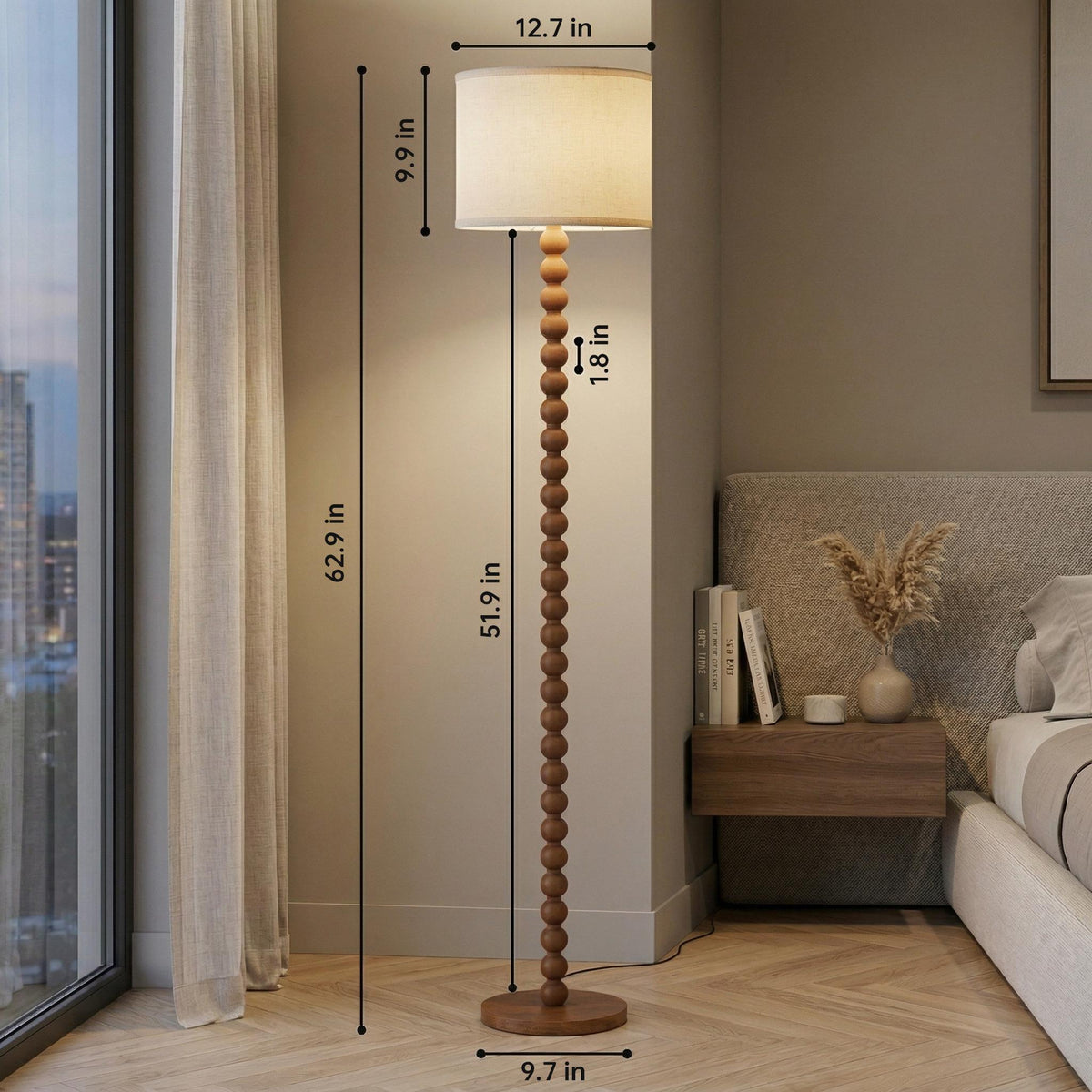 Solid Wood Beaded Floor Lamp with Linen Shade, Rustic Farmhouse Reading Light, Boho Standing Lamp for Living Room Bedroom Decor