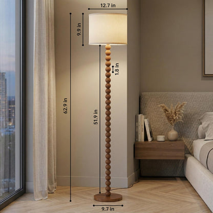 Solid Wood Beaded Floor Lamp with Linen Shade, Rustic Farmhouse Reading Light, Boho Standing Lamp for Living Room Bedroom Decor