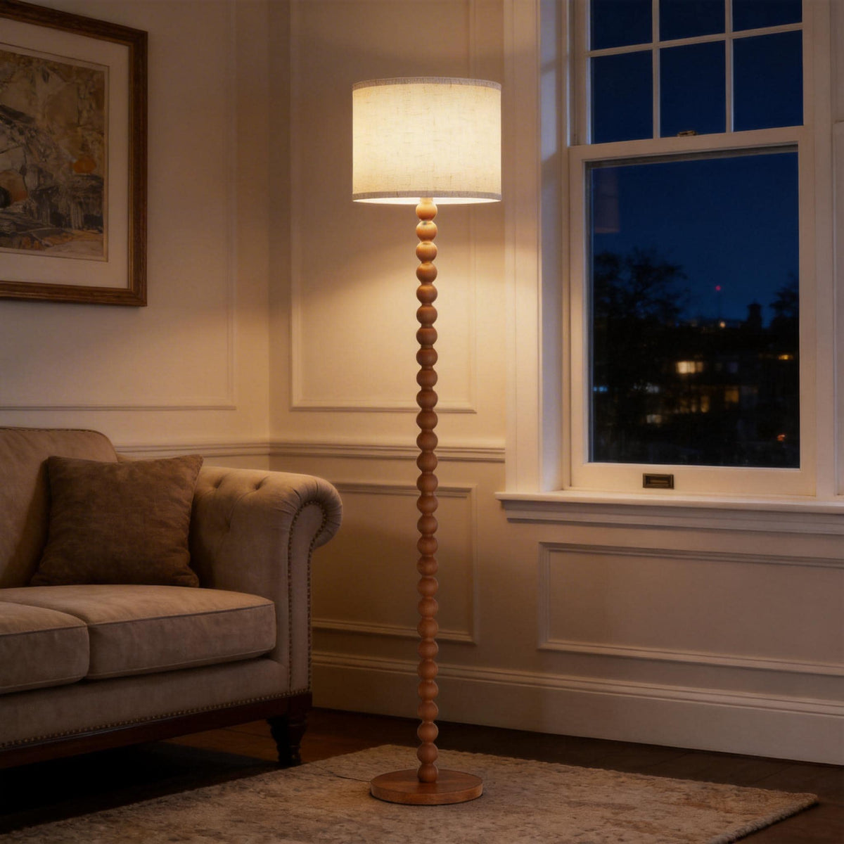 Solid Wood Beaded Floor Lamp with Linen Shade, Rustic Farmhouse Reading Light, Boho Standing Lamp for Living Room Bedroom Decor