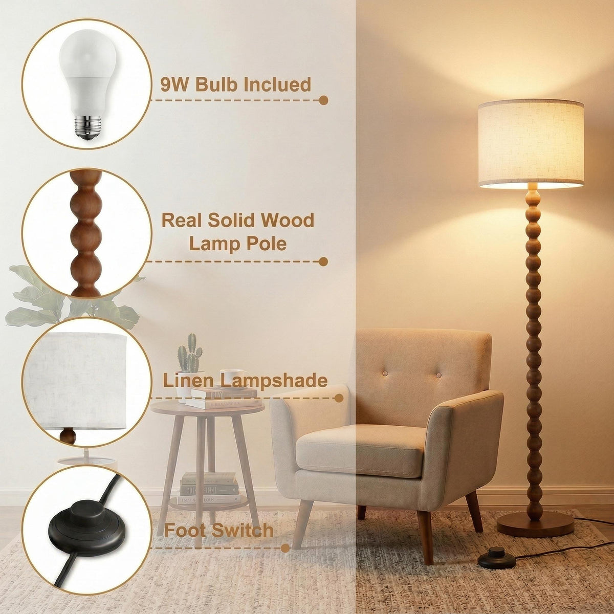 Solid Wood Beaded Floor Lamp with Linen Shade, Rustic Farmhouse Reading Light, Boho Standing Lamp for Living Room Bedroom Decor