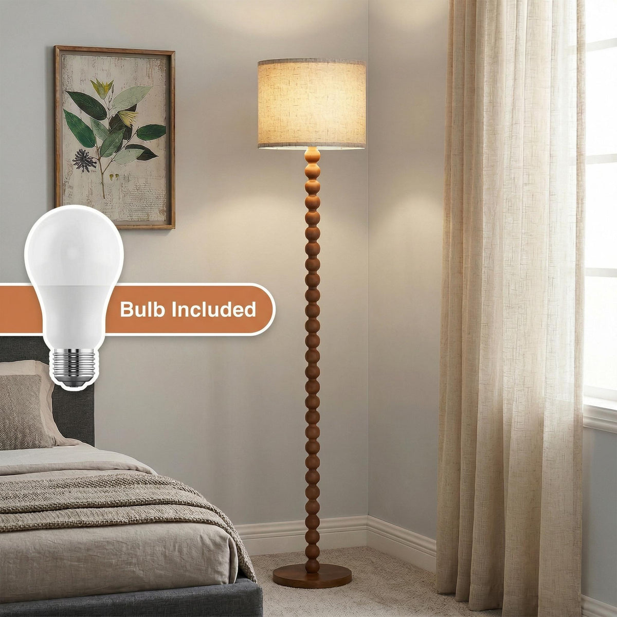 Solid Wood Beaded Floor Lamp with Linen Shade, Rustic Farmhouse Reading Light, Boho Standing Lamp for Living Room Bedroom Decor