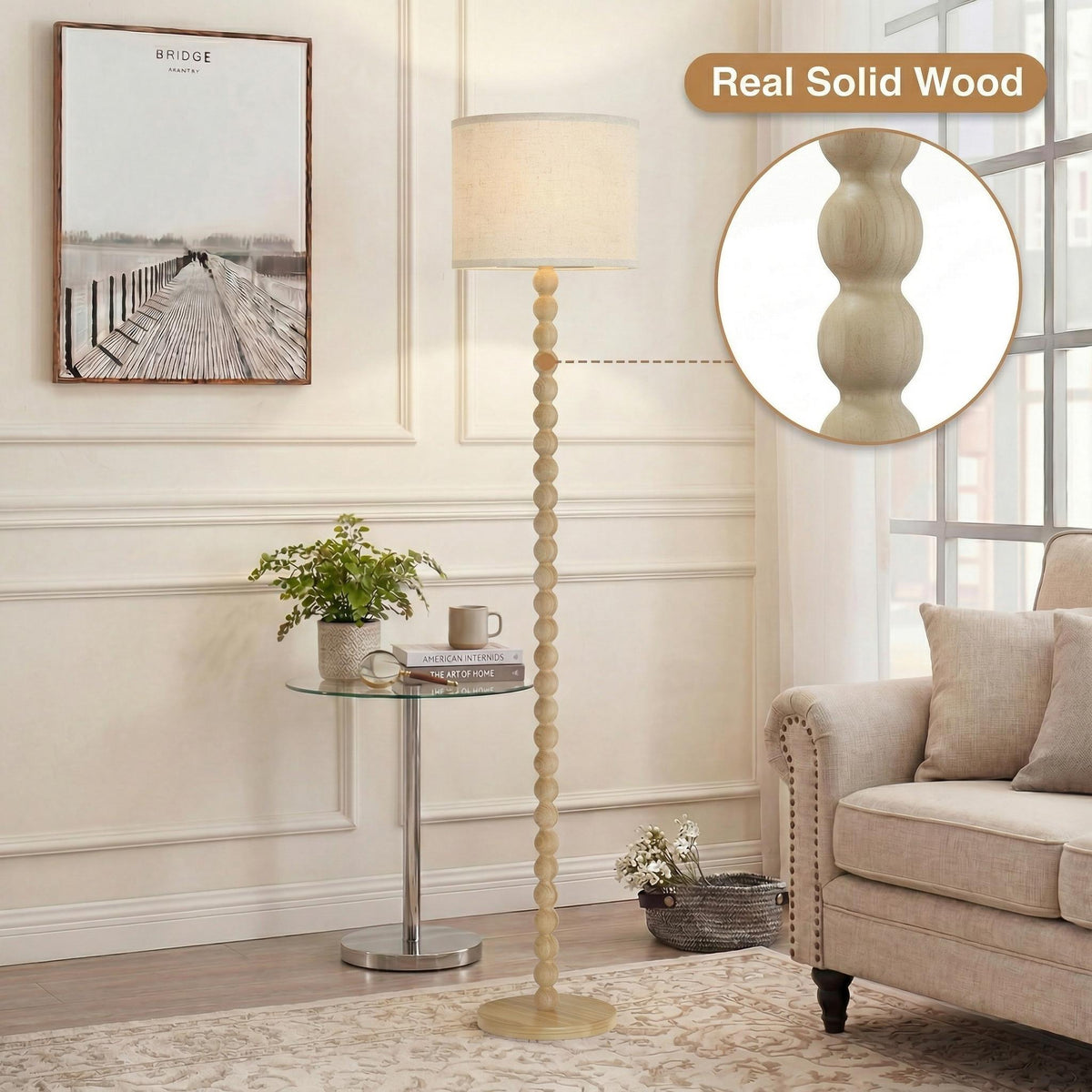 Solid Wood Beaded Floor Lamp with Linen Shade, Rustic Farmhouse Reading Light, Boho Standing Lamp for Living Room Bedroom Decor
