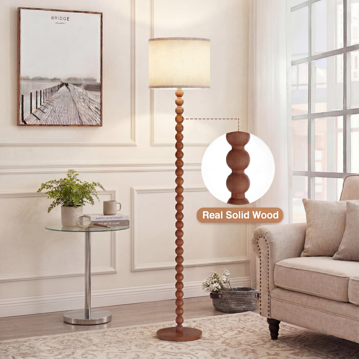 Solid Wood Beaded Floor Lamp with Linen Shade, Rustic Farmhouse Reading Light, Boho Standing Lamp for Living Room Bedroom Decor