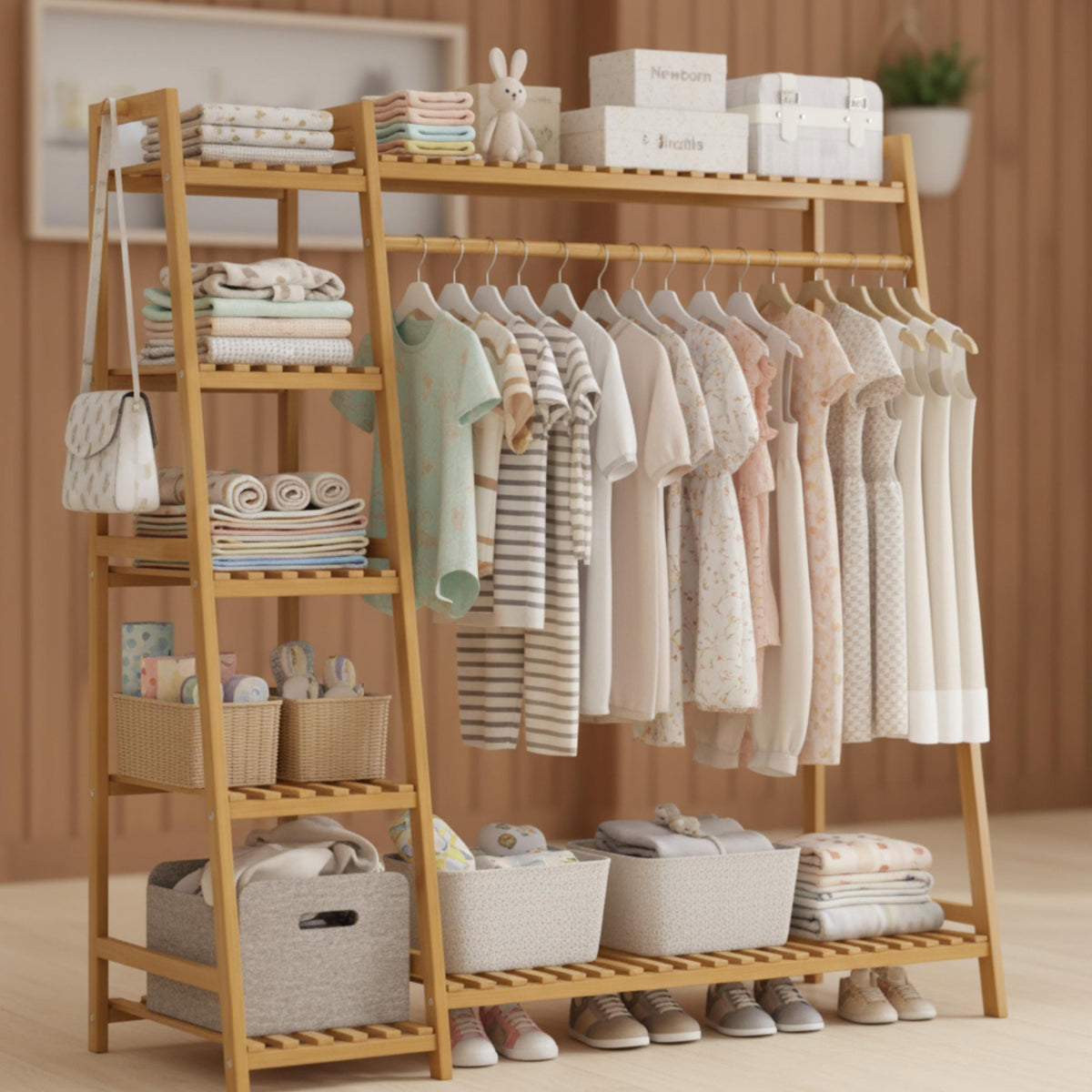 Bamboo Garment Rack with 9-Tier Shelves, Clothes Storage, Shoe Organizer