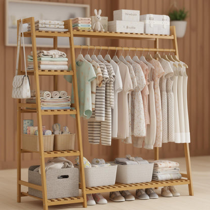 Bamboo Garment Rack with 9-Tier Shelves, Clothes Storage, Shoe Organizer