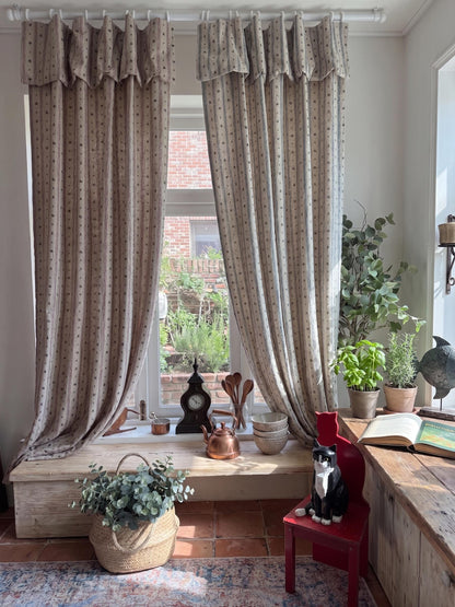 Flop Over Linen Cotton Curtains, French Country Floral Stripe Drapes Set of 2