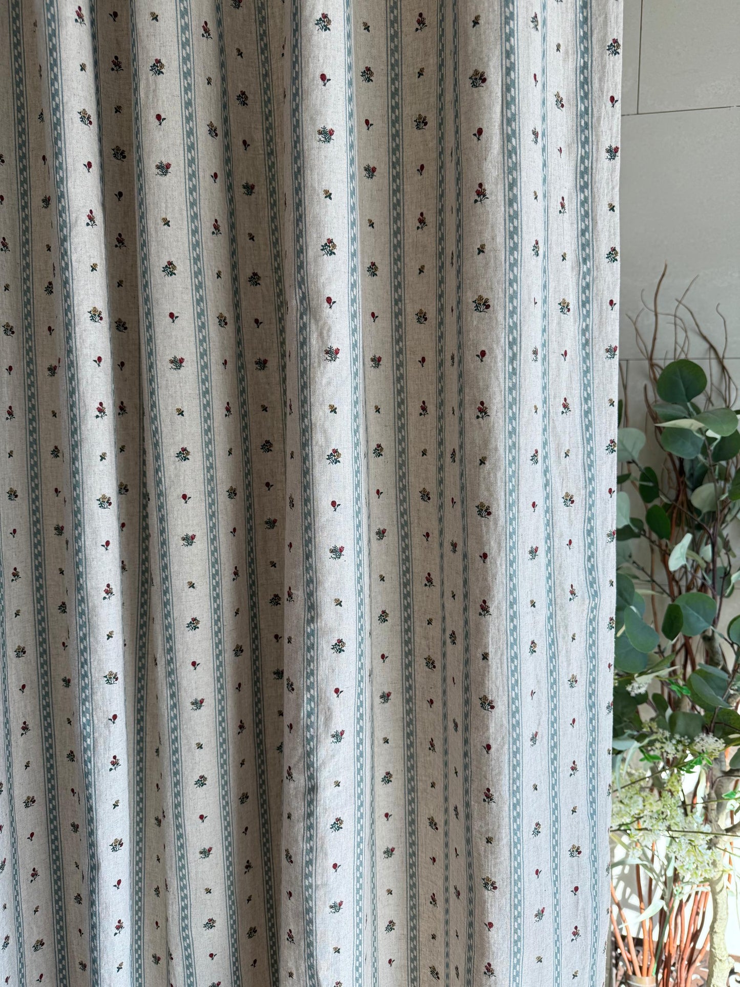 Flop Over Linen Cotton Curtains, French Country Floral Stripe Drapes Set of 2
