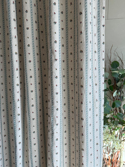 Flop Over Linen Cotton Curtains, French Country Floral Stripe Drapes Set of 2
