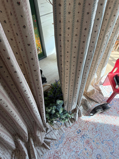Flop Over Linen Cotton Curtains, French Country Floral Stripe Drapes Set of 2