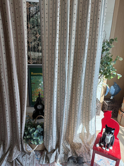 Flop Over Linen Cotton Curtains, French Country Floral Stripe Drapes Set of 2