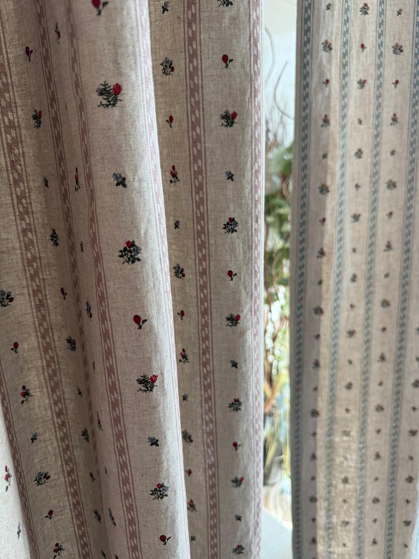 Flop Over Linen Cotton Curtains, French Country Floral Stripe Drapes Set of 2