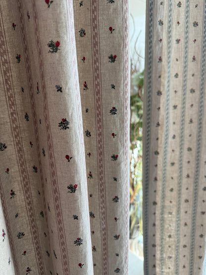 Flop Over Linen Cotton Curtains, French Country Floral Stripe Drapes Set of 2